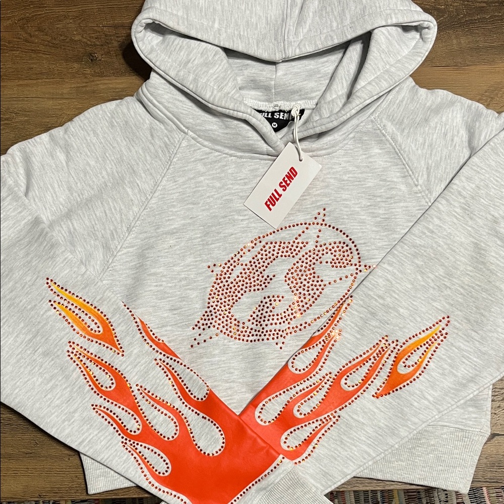 Full Send Women's Gray and Orange Flame Sequin Cropped Hoodie